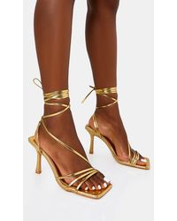 Public Desire - Divine Gold Wide Fit Pu Strappy Lace Up Square Toe Mid Stiletto Heels - Lyst