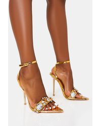Public Desire - Icicle Gold Metallic Patent Extreme Jeweled Ankle Strap Pointed Toe Stiletto Heels - Lyst