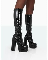 Public Desire - Passive Black Patent Square Toe Platform Block High Heel Over The Knee Boots - Lyst