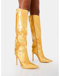 Public Desire - Tai Wide Fit Gold Metallic Pointed Toe Stiletto Knee High Boots - Lyst