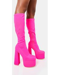 Public Desire - Polished Hot Pink Nylon Platform Rounded Square Toe Block Heeled Knee High Boots - Lyst