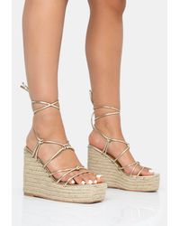 Public Desire - Islander Gold Lace Up Square Toe High Heeled Sandal Esparille Wedges - Lyst