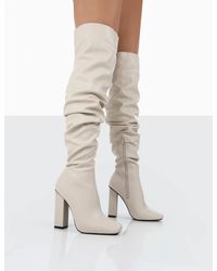 Public Desire Cassia Ecru Square Toe Block Heel Over The Knee Boots - Natural