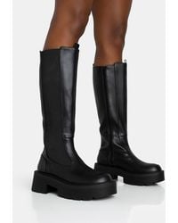 Public Desire - Evergreen Black Pu Knee High Elasticated Detail Chunky Heeled Sole Boots - Lyst