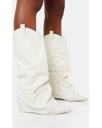 Public Desire - Sheriff White Pu Western Inspired Fold Over Pointed Toe Block Heeled Cowboy Knee High Boots - Lyst
