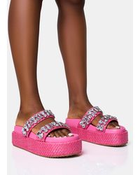 Public Desire - Duchess Pink Raffia Double Strap Embellished Platform Slider Sandals - Lyst