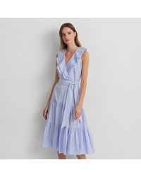 Lauren by Ralph Lauren - Ralph Lauren Striped Cotton Broadcloth Surplice Dress - Lyst