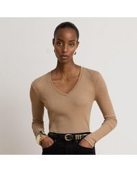 Ralph Lauren - Rib-Knit Long-Sleeve V-Neck Top - Lyst