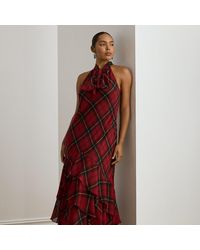 Ralph Lauren - Ralph Lauren Plaid Georgette Tiered Tie-Neck Gown - Lyst
