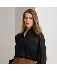 Ralph Lauren - Lace-Trim Crinkle Georgette Blouse - Lyst