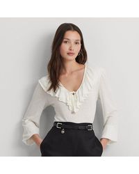 Lauren by Ralph Lauren - Jersey Top Met Ruches En Strikhals - Lyst