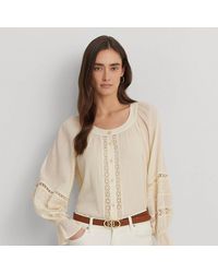 Lauren by Ralph Lauren - Lace-trim Cotton Blouson-sleeve Shirt - Lyst