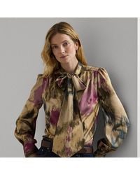 Ralph Lauren - Floral Satin Charmeuse Tie-neck Blouse - Lyst