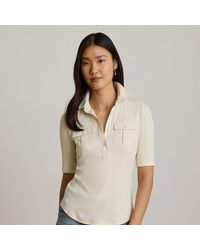Ralph Lauren - Rib-Knit Elbow-Sleeve Collared Top - Lyst