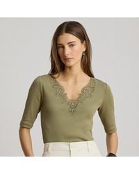 Ralph Lauren - Lace-Trim Rib-Knit Cotton-Blend Top - Lyst