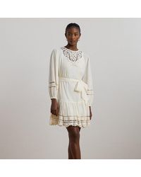 Ralph Lauren - Ralph Lauren Lace-Trim Belted Cotton Voile Dress - Lyst