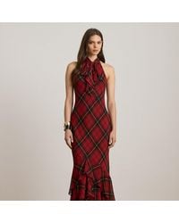 Ralph Lauren - Ralph Lauren Plaid Georgette Tiered Tie-Neck Gown - Lyst