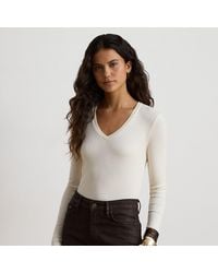 Ralph Lauren - Rib-Knit Long-Sleeve V-Neck Top - Lyst