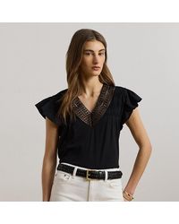 Ralph Lauren - Ralph Lauren Lace-Trim Jersey Flutter-Sleeve Tee - Lyst