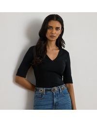 Ralph Lauren - Stretch Cotton Elbow-Sleeve V-Neck Tee - Lyst