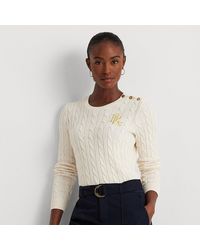 Lauren by Ralph Lauren - Button-trim Cable-knit Cotton Jumper - Lyst