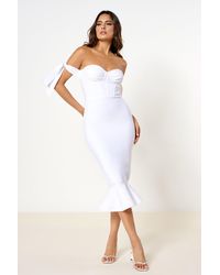 Rare London White Bandage Off Shoulder Midi Dress