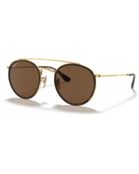 Ray-Ban - Sunglasses Unisex Round Double Bridge - Gold Frame Brown Lenses Polarized 51-22 - Lyst