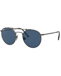 Ray-Ban - Round Double Bridge Titanium Sunglasses Pewter Frame Blue Lenses 50-21 - Lyst