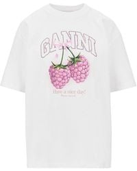Ganni - Cotton T-Shirt With 'Raspberries' Print - Lyst