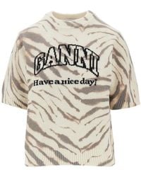 Ganni - Knitted Top With Zebra-Striped Motif - Lyst