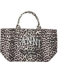 Ganni - Leopard-Print Canvas Xxl Tote Bag - Lyst