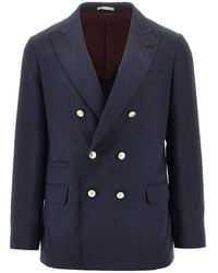 Brunello Cucinelli - Silk And Linen Twill Double-Breasted Jacket - Lyst
