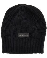 Emporio Armani - Knitted Beanie Hat With Logo Label - Lyst