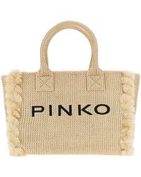 Pinko - Faux Raffia Shopping Bag With Logo - Lyst