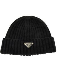 Prada - Knitted Beanie With Triangle Logo - Lyst
