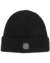Stone Island - Wool Beanie Hat With Logo Patch - Lyst