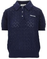 Miu Miu - Lace Effect Openworked Cotton Polo Shirt - Lyst