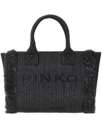 Pinko - Faux Raffia Shopping Bag With Logo - Lyst