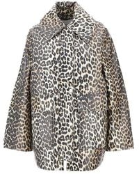 Ganni - Coated Fabric Jacket With Leopard-Print - Lyst