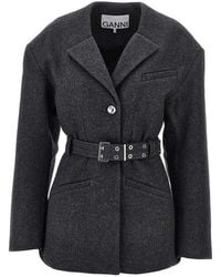 Ganni - Wool-Blend Jacket With Belt - Lyst