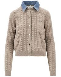 Miu Miu - Cable Knit Cardigan With Denim Collar - Lyst