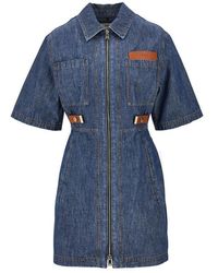 Fendi - Chambray Mini Dress With Leather Details - Lyst