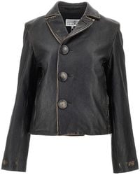 MM6 by Maison Margiela - Vintage-Effect Leather Jacket - Lyst