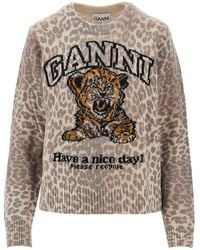 Ganni - Wool-Blend Sweater With Leopard Motif - Lyst