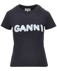 Ganni - Cotton T-Shirt With Logo Embroidery - Lyst