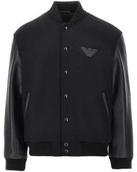 Emporio Armani - Wool Bomber Jacket With Leather Sleeves - Lyst