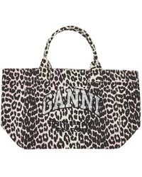 Ganni - Leopard-Print Canvas Medium Tote Bag - Lyst