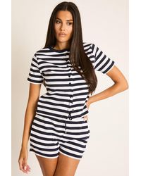 Rebellious Fashion - Stripe Rib Button Top And Short Loungewear Co-Ord Set - Lyst
