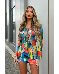 Rebellious Fashion - Multi Watercolour Frill Detail Tie Front Mini Dress - Lyst