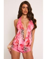 Rebellious Fashion - Leopard Plunge Cowl Top & Micro Short Co-Ord Set - Lyst